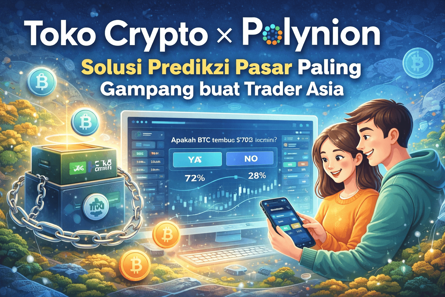 Ilustrasi kolaborasi Toko Crypto dan Polynion sebagai platform market prediction yang mudah digunakan trader Asia